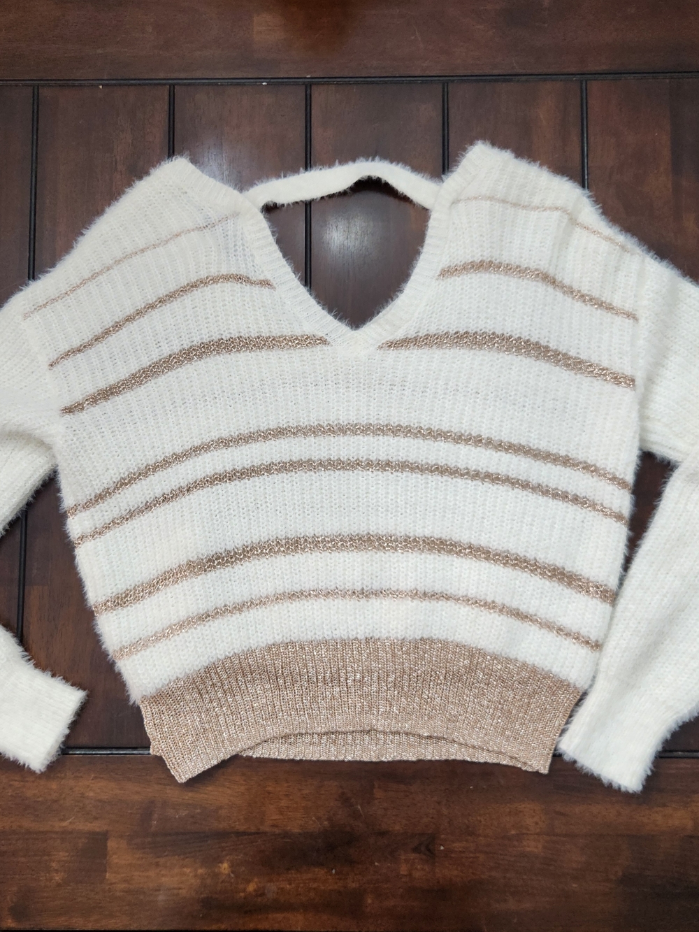 Gianni Bini Cream and Metallic Tan Striped V-Neck Sweater